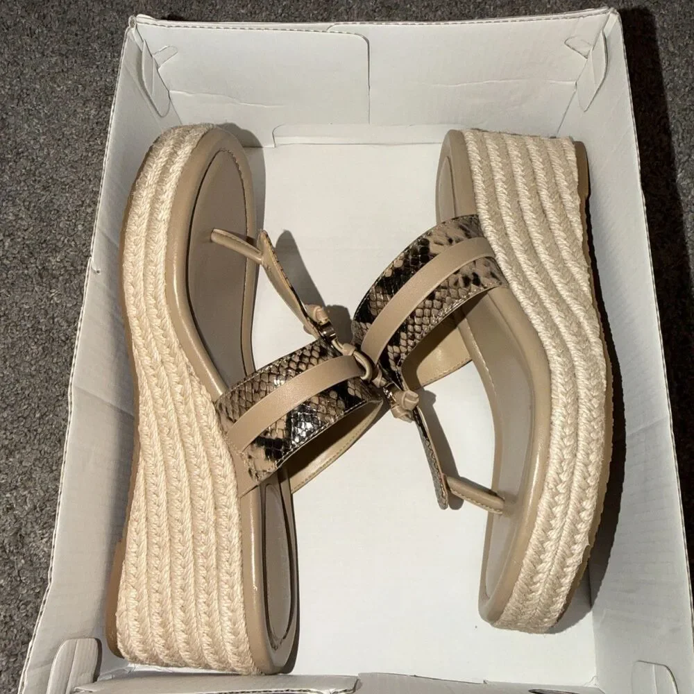 Y2K Hobo MK Zoe Rattan Wedge Sandal Faux Python Leather Women Sz 7.5 M Camel